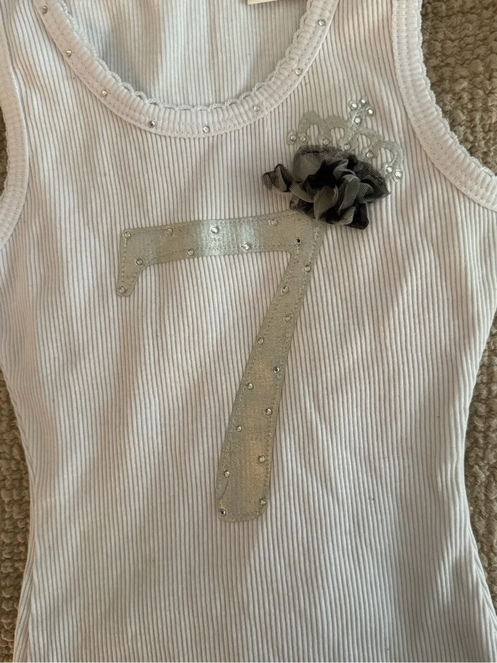 Kids White Ribbed Tank Top with Silver '7' and Black Floral Accents